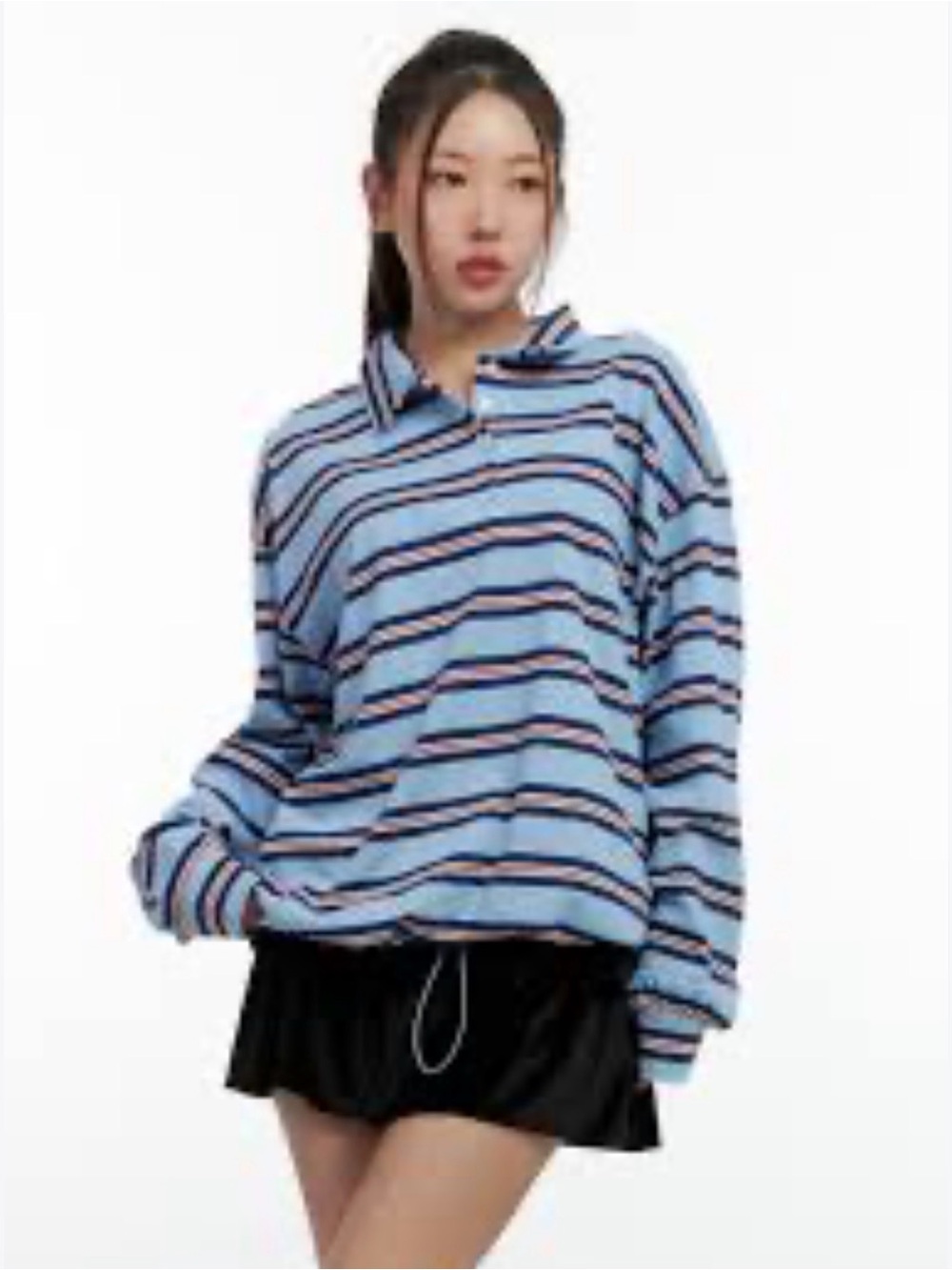 Lewkin Women's Light Blue Striped Long-Sleeve Polo